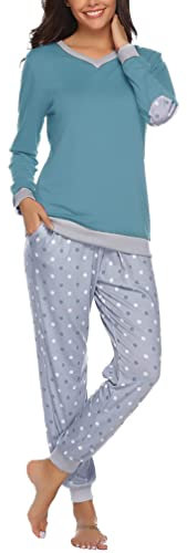 Irdcomps Schlafanzug Damen Lang Pyjama Baumwolle Winter Nachtwäsche Set V-Ausschnitt Blau M