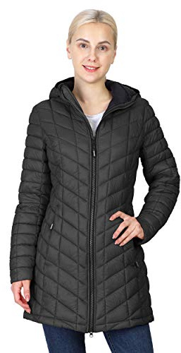 Outdoor Ventures Womens Winter Thermolite Long Puffer Coat, Ladies Lightweight Quilted Parka Windproof Waterproof Warm Insulated Jacket with Hood Black 2XL/UK 20
