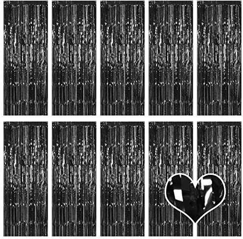 Ohiyoo 10 Stück Schwarz Lametta Vorhänge 1 x 2.5M Tinsel Curtain Folien Fransen Metallic Lametta Vorhange Schwarz für Geburtstag Partydekor Verlobung Hochzeit Weihnachten Neujahr Dekoration (Schwarz)