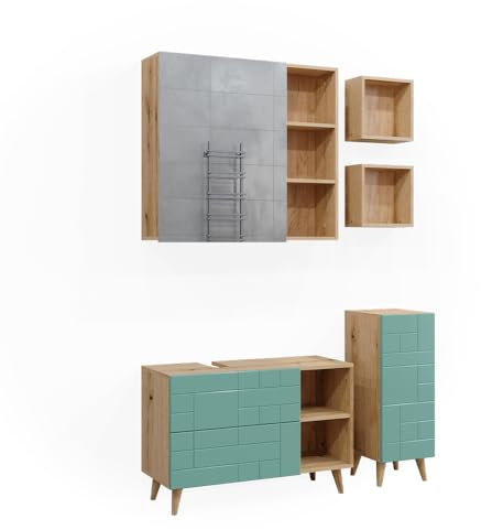 Vicco Badmöbel-Set Rudi, Badezimmerschrank-Set, Mintgrün/Eiche, 5 Teile