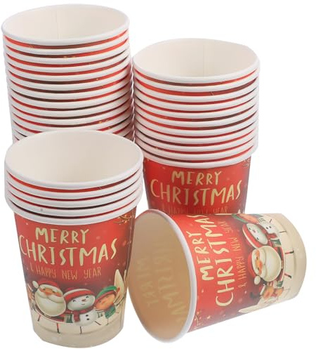MAGICLULU 32Pcs Merry Christmas Paper Cups, Disposable Happy New Year Paper Cups with Santa Snowman Elk Pattern for Xmas Party Drinkware Table Decor 7.2 x 8.7CM