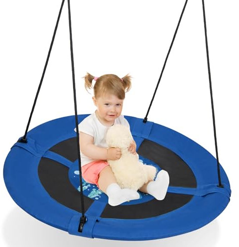 GYMAX Kids Nest Swing, 41 Inch/104cm Saucer Tree Swing with Height Adjustable Hanging Ropes, Indoor Outdoor Round Children Swing for Playground Garden Backyard (Navy Blue Whale)