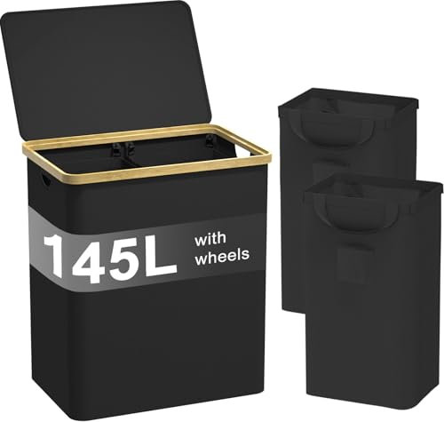 Double Laundry Basket with Lid & Wheels, 145L Extra Large Laundry Hamper with 2 Removable Laundry Bags Divides into 4, Black Foldable Laundry Bin Dirty Clothes Washing Basket for Laundry Room