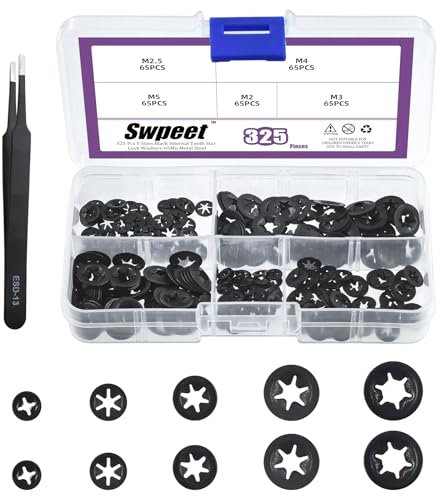 Swpeet 325 pièces rondelle de verrouillage à denture intérieure en acier au manganèse de taille 5 avec kit de pinces m2 m2.5 m3 M4 M5 écrou de verrouillage à ressort clip rapide rondelle de