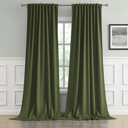DUALIFE Olive Dark Green Curtains 120 Length 2 Panels, Blackout Curtains Thermal Insulated Window Treatment Room Darkening Drapes for Living Room Back Tab/Rod Pocket, 52 by 120 Inches Long