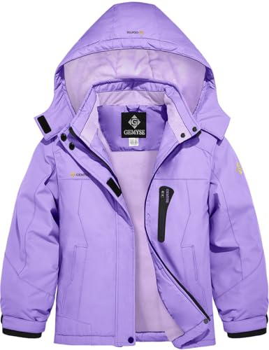 GEMYSE Girl's Waterproof Ski Snow Jacket Hooded Fleece Lined Windproof Winter Jacket(Lilac Purple & Soft Purple,10/12)