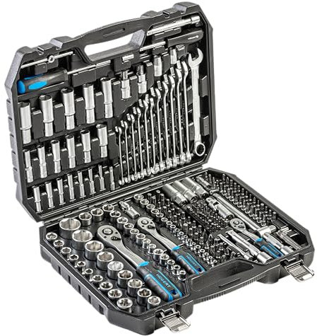 Högert Technik Set di attrezzi 222 pezzi, chiavi a bussola e punte 1/4 & 3/8 & 1/2, acciaio CRV, chiave ad anello forcella, DIN 3124, in valigetta in acciaio