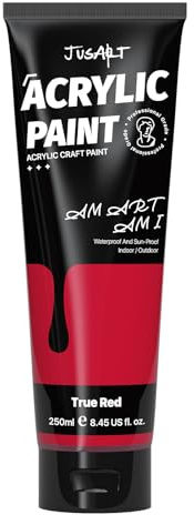 JusArt Acrylfarbe Rot 250 ml,Ungiftige Bastelfarbe mit hoher Deckkraft – Für Leinwand,Holz,Stoff,Ton,Stein & Keramik,Künstlerbedarf für Erwachsene & Kinder
