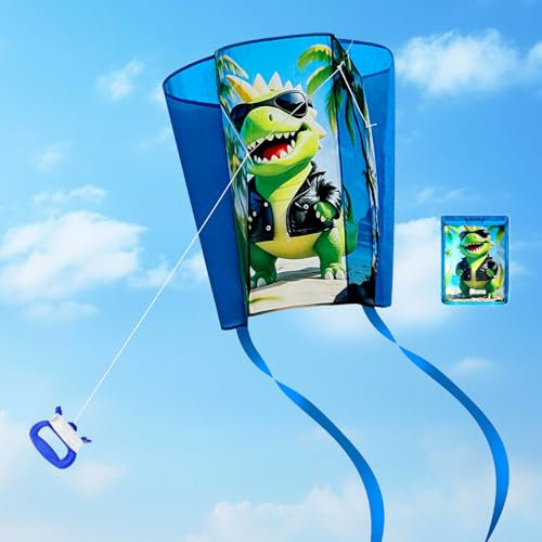 FOUNSHO Drachen Kinder, Taschendrachen mit Langem Schwanz für Anfänger, Pocket Kite Einfacher Flugdrachen für Jungen Mädchen Flugdrachen Spiele Outdoor Aktivitäten im Freien Strandspiel (Dinosaurier)