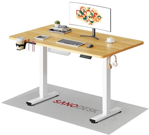 SANODESK QS+ 110 x 54 cm Escritorio Elevable Eléctrico con Portavasos, Ganchos, Caja de Cables, Altura Ajustable Telescópica con Memoria y Tecnología Anticolisión (Arce)