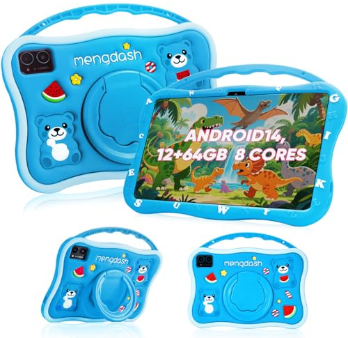 MengDash Kids Tablet, 10.1 inch Tablet for Kids, Educational Learning Toddler Tablet Android 14, 12（4+8） GB RAM+64GB ROM Storage, 5G WiFi for Baby Girl boy Gift 3-10(Blue)