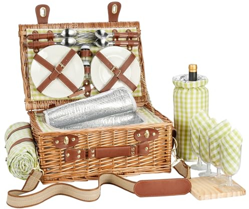 Set de Cesta de Picnic de Mimbre para 4 Personas con Compartimento Térmico y Manta Impermeable, Correa Extraíble, Bolsa para Vino, Cubiertos, para Camping, Playa, Senderismo, Parejas, Regalo (Verde)
