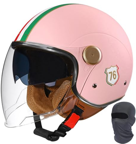 Offener Motorradhelm mit Doppelvisier, Retro-Jethelm, Halbhelm, ECE/DOT-geprüft, langes Objektiv, for Männer und Frauen, Scooter, Cruiser, Scooter(Pink,M(56~57cm))