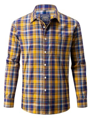 Lonvera1840 Men’s 100% Cotton Plaid Shirt, Long Sleeve Regular Fit with Pocket, Classic Tartan Check, Smart Casual Shirt for Work & Weekend, S–4XL (Yellow)