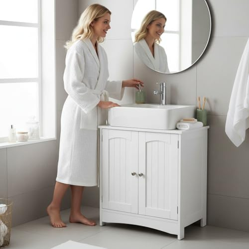 Alivio Under Sink Bathroom Cabinet for Wall-Hung Washbasin, White Storage Unit with Magnetic Doors, Metal Handles & Sturdy Hinges, Easy-Clean Surface