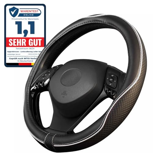 Upgrade4cars Steering Wheel Cover White Black Leather Look | Universal Fit 14,5-15 Inch | Car Accessories Interior