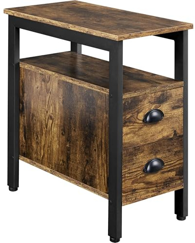 Yaheetech End Table, Side Table with 2 Drawer, Sofa Side Table with Storage Cabinet, Slim Bedside Table for Bedroom/Living Room/Small Space, Vintage Style, 59.5x29.5x61cm, Rustic Brown