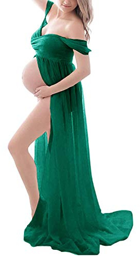 Daysskk Mammaklänning för fotografering, axellös chiffongklänning, blommig klänning för graviditetsfotografering, gRÖN, L