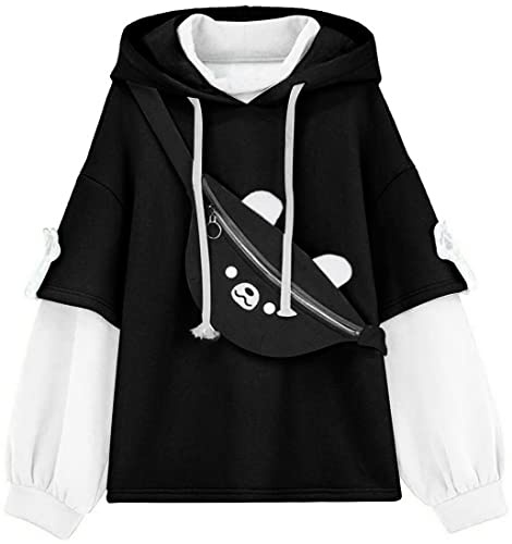 YINGKE Femme Ours Anime Sweat à Capuche Col Rond Fille Japonais Kawaii Vetement Hauts Harajuku Pull Streetwear (L, Noir)