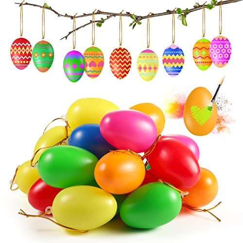 Ostereier zum Aufhängen,24 Stück Bunte Plastik Eier Osterdeko aus Kunststoff mit Seil Basteln 6 x 4cm Ostereier Osterdeko in Pastellfarben,Plastikeier zum Aufhängen für Draußen Deko Outdoor