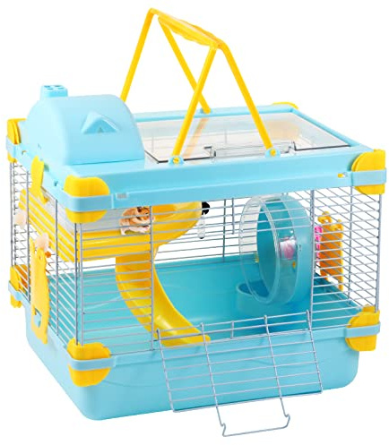 Misyue Dwarf Hamster Travel Portable Carrier Cage 2-Floors Syrian Hamster Home House Rodent Habitat Cage for Dwarf Hamster,Ferrets, Gerbil（Blue)）