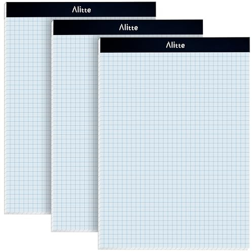 Alitte Graph Paper Pad, Pack of 3, White Letter Size - 4x4 Quad Grid Paper, With Blue Lines - Easy-Tear Perforations, 11x8.5 Cardboard Backing - Graph Notepads for School, Office -50 Sheets per Pad