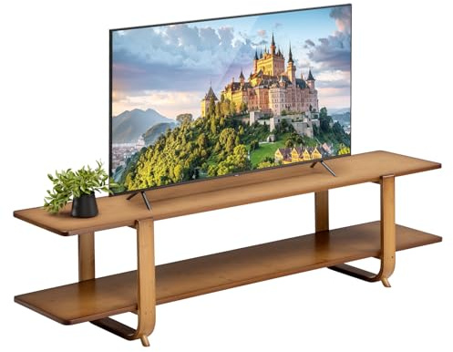 HollyHOME Mueble TV 140cm Mesa TV Salon Muebles de Salon 2 Niveles, Mueble TV Bambú Soporte para Centro de Entretenimiento, Natural-B