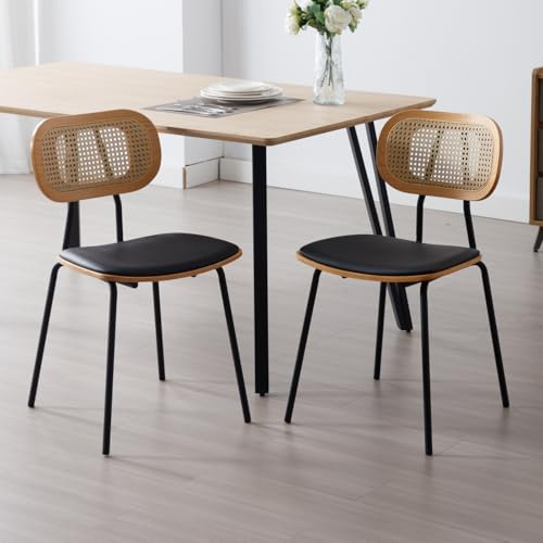 chairus Juego de 2 Sillas de Comedor con Asiento de Polipiel Sillas de Cocina con Respaldo Ratán, Sillas Modernas con Patas de Metal para Mesa/Restaurante, Negro