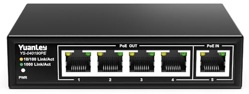YuanLey Estensore Gigabit a 5 Porte con 4 Uscite, Ingresso Poe da 90W, IEEE 802.3af/at/BT, Ripetitore Mini a 5 Canali 1000Mbps, Custodia in Metallo, 6KV, Switch Poe Pass-Through