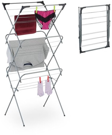 Relaxdays Stendibiancheria Verticale, Stendino Pieghevole a Torre con 18 Aste per Vestiti, 136x62x51 cm, Metallo, Grigio, Ferro