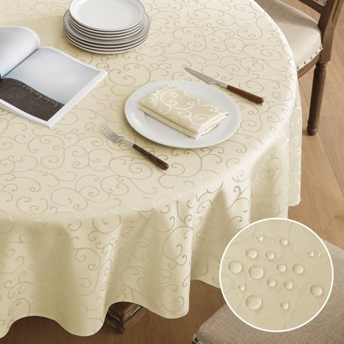 Romanska stilar rund bordsduk 140 cm beige tvättbar utomhus bordsdukar fläckskydd vattenavvisande damast jacquard ranka bordsduk bordsduk för fest, födelsedag, hotell, restaurang, påsk, utomhus