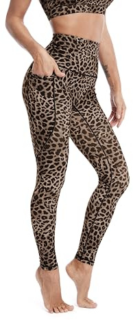 FASH-ICONS Leopardleggings för kvinnor, djurtryck, leggings med hög midja, mönstrade yogabyxor med två stora fickor, fjärilmjuk, träning, löpning, tight, storlek XS-XXL UK (4-14), Brun leopard, XS