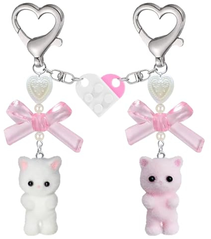 Moguri 2 Pieces Pink and White Cat Keyring Set, Plush Kitty Couple Keychains, Heart Decor, Matching Accessories, Y2K Aesthetic Gifts