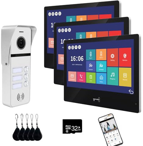 ANJIELO SMART Wired Video Doorbell Apartment Intercom System 3 Units 10 Inches Touch Monitor Wireless WiFi 1080P Camera Phone Kit, (1 white doorbell+3 black Monitor)