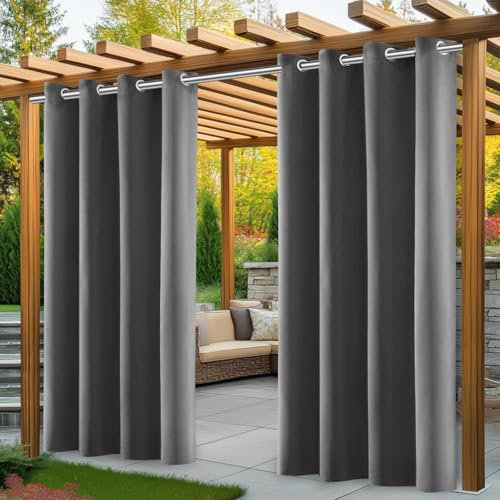 Outdoor Vorhang Wetterfest, 2er Stück Set Outdoor Vorhänge Wasserdicht mit Ösen Oben, Sonnenschutz Sichtschutz outdoorvorhänge für GardinenTerrasse Balkon Pavillon Pergola(132 * 215cm, Grau)