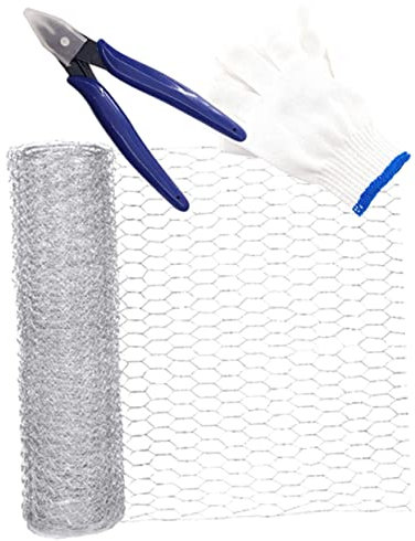 KONTONTY 1ensemble Grillage Hexagonal Galvanisé pour Poulailler Et Jardin Filet Multi-usages avec Gants Et Pince Coupante Aux Intempéries Haute Température