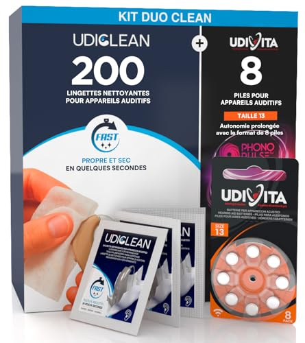 8 Hearing Aid Batteries Size 13 PR48 Orange with Phono Pulse Technology + 200 Wet Wipes Udiclean for Hearing Aids Screens Glasses Pocket Size - Kit Duo Clean