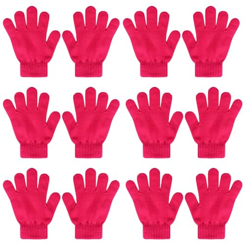 QKURT 6 par stickade vinterhandskar för barn, hela fingerhandskar, varma handskar för flickor 5–13 år, Rosenröd, one size