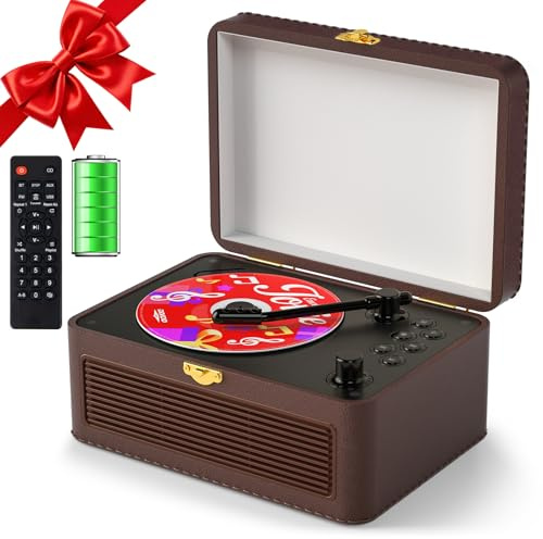 Gueray Reproductor CD Cuero Portátil con Altavoces 3600mAh Recargable Bluetooth para Decoración Hogar, Regalo Festival Diseño Maletín Retro con Mando, Soporta USB AUX(Marrón)