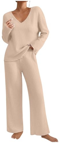 Tuta Donna Elegante Maglia Morbida Casual Maglione Maniche Lunghe Pullover Top e Pantaloni a Gamba Larga Set Due Pezzi Comode Leggera Tuta Casa Elegante Curvy Pigiama Donna Invernale Calda Completi