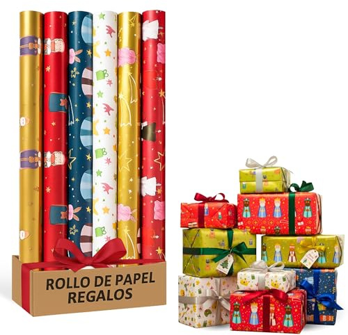 Rollo de papel para envolver regalos, Papel Regalo Cumpleaños, Papel Regalo Navidad, Papel navideño, Tamaño 70 cm x 10 Metros, Contiene 6 Rollos con diseños de Reyes Magos Multicolor