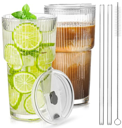 KUOGAS 2 Bicchieri in Vetro Rigato 600 ml con Coperchio e Cannuccia, Bicchieri per Frullati Spessi e Robusti in Vetro di Alta Qualità, Design Ermetico e Impermeabile, Ideale per Caffè