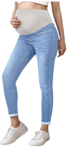 Fldy mammabyxor jeans stretchiga graviditetsjeans skinny fit jeans med band för gravida kvinnor, Ljusblå_a, S