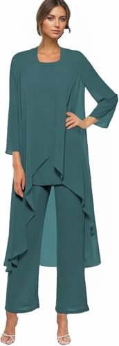 Teal 3 Pieces Chiffon Mother of The Bride Pant Suits for Wedding Guest - Formal Evening Mother of The Bride Trouser Suits Mother of The Bride Outfits with Jacket Size UK18