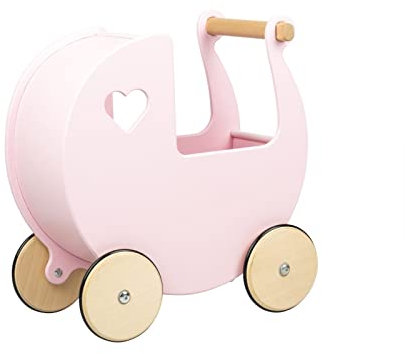 Moover Classic Doll's Pram for Toddlers, Fully Assembled, Designed in Denmark from Russian Birch Plywood, Push Along Toy, 18 Months+, 44 x 43 x 24 cm, Baby Pink and Natural Wood