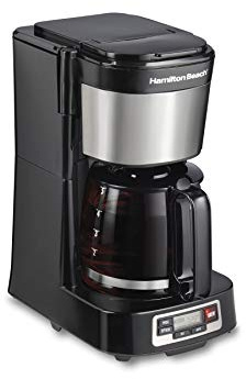 Hamilton Beach 5 Cup Drip Coffee Maker with Easy FrontFill Basket, Compact Design, Programmable Clock, Glass Carafe, Auto Pause and Pour, Black & Stainless Steel (46111)