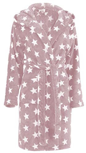 Brandsseller Damen Bademantel mit Sternen L/XL – Weicher Morgenmantel aus Mikrofaser mit Kapuze – Öko-Tex zertifiziert – Perfekt für Zuhause & Wellness – Rosa/Weiß