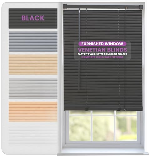 FURNISHED Venetian Blinds Window 25mm PVC Shades - Black 175W x 210L cm | Venetian blind easy fit shutters trimmable for home kitchen windows treatment complete child safe fittings