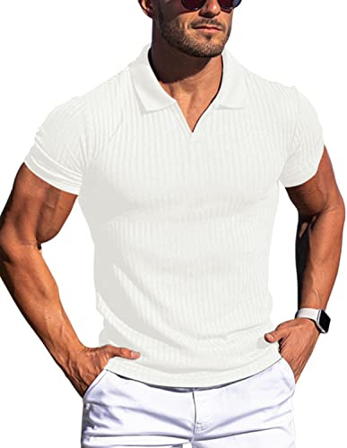 Gnvviwl Muskel V-hals pikétröjor smal passform kort långärmad bomull golf t-shirts ribbade stickade mjuka t-shirts, Vitt, S