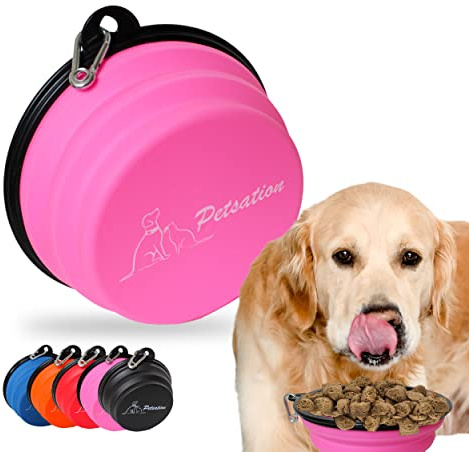 PETSATION – hundskål vikbar för resor [originalet] foderskål hund perfekt för vardagen – 350 ml vattenskål – drickskål för hunden – reseskål, matskål, skål (2 x 350 ml, rosa)